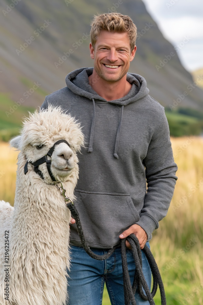 Obraz premium Smiling man posing outdoors with a fluffy alpaca in a sunny mountain landscape, showing friendship, rural lifestyle and connection with livestock.