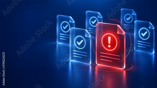 Glowing red warning document icon with an exclamation mark standing out among approved blue files representing a data anomaly and compliance error