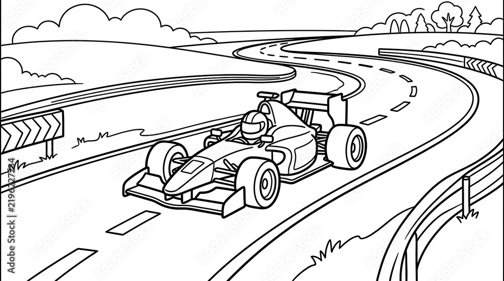 Fototapeta premium Formula Race Car on Winding Track Coloring Page Illustration