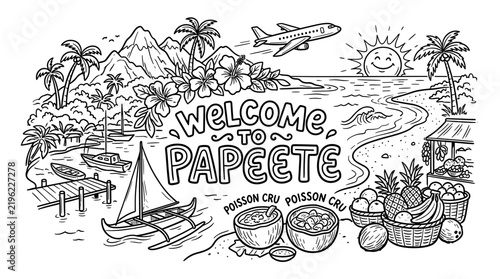 Welcome to Papeete Tropical Island Travel Coloring Page
