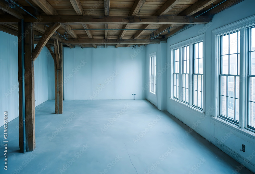 Obraz premium Real estate development and interior design, empty industrial loft space with wooden beams and large windows for modern office or residential renovation