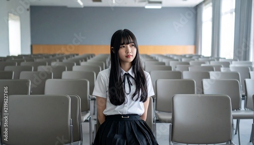 A young female student sitting alone in a spacious university lecture hall with tiered wooden seating.