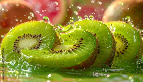 Fresh green kiwi fruit halves splashing in crystal clear water against a bright green background.