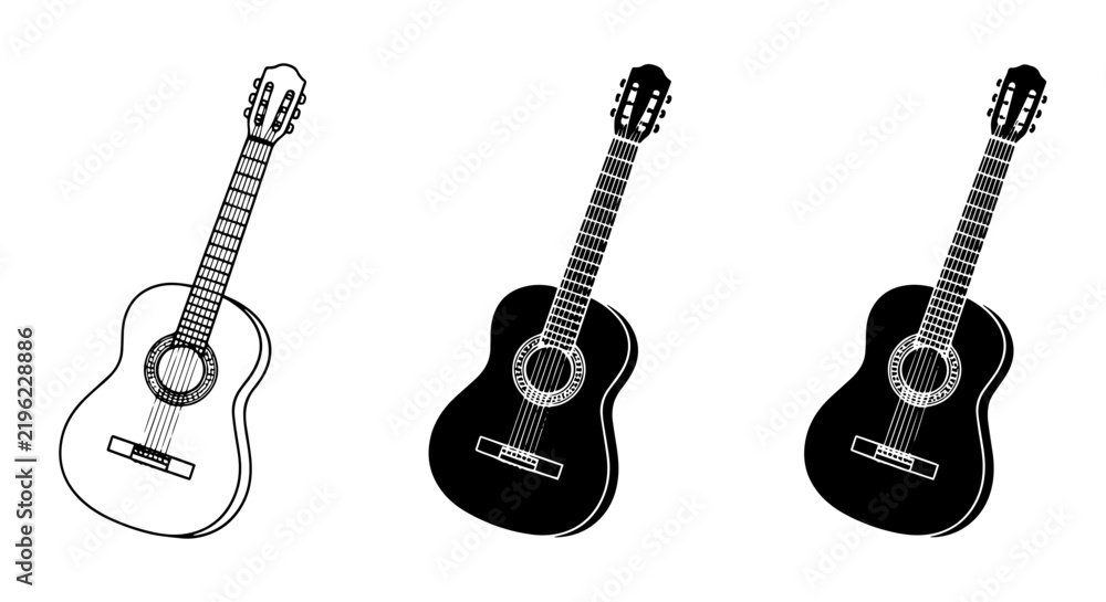 Obraz premium Acoustic Guitar Icons, Musical Instrument Vector Set, Classic Stringed Guitar Graphics