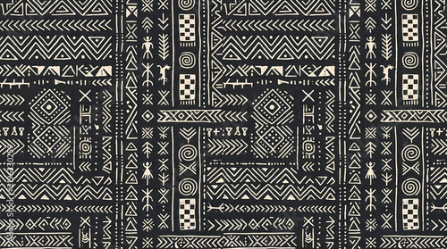 Traditional African mudcloth textile pattern with geometric tribal symbols