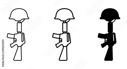 Military Memorial Tombstone Icons, Soldier Rifle Helmet Grave Marker Vector Art