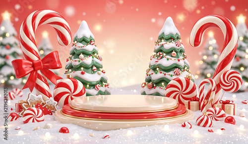 Festive Christmas candy cane podium with snowy Christmas trees and peppermint sweets in red background.