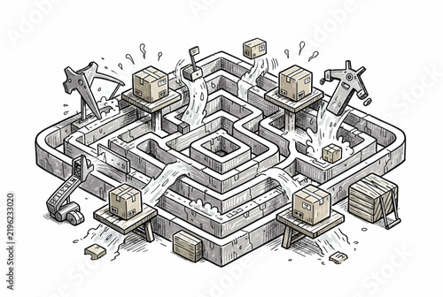 Isometric Maze Concept with Geometric Paths.