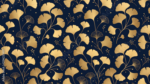 Metallic gold ginkgo leaves pattern on a dark navy blue background