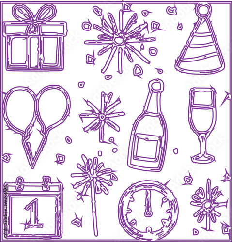 Happy New Year Celebration Icons with Gift, Fireworks, Balloons, Champagne,  Clock and adobe Illustrations Artwork