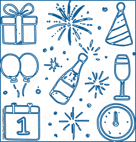 Happy New Year Celebration Icons with Gift, Fireworks, Balloons, Champagne,  Clock and adobe Illustrations Artwork