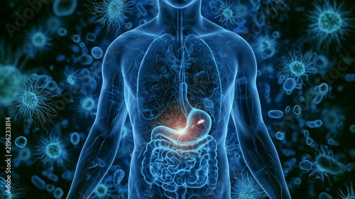 Human silhouette shows glowing connection between stomach and brain with gut bacteria surrounding the figure