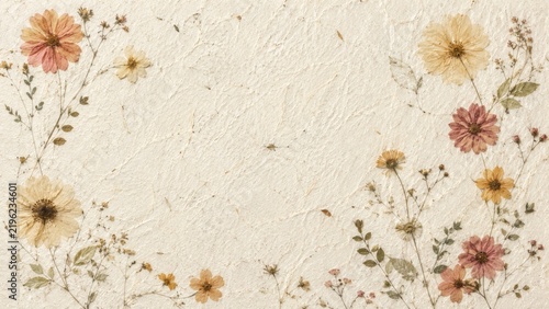 Pressed wildflower composition on textured paper for elegant artistic card.
