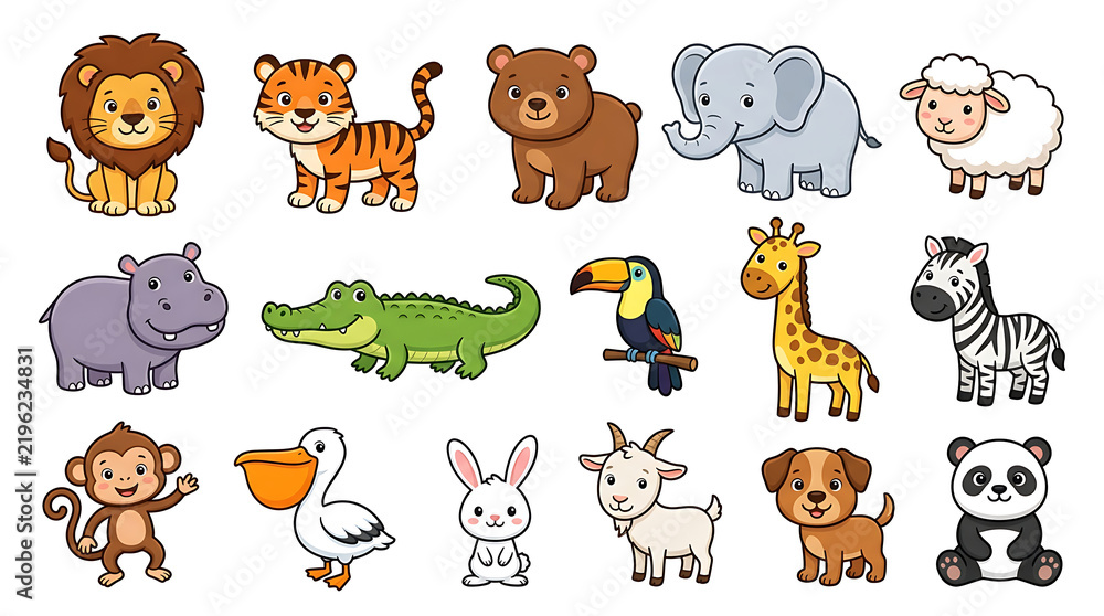 Fototapeta premium Set of Cute Cartoon Animals Vector Illustration Featuring Various Wild and Farm Creatures