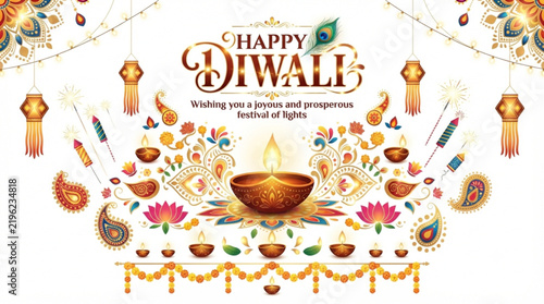 Elegant Happy Diwali Greeting Card with Diya Lamps and Floral Decorations