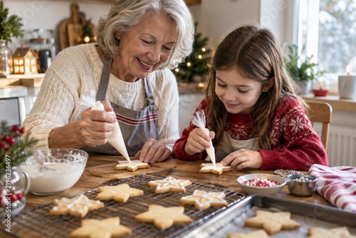 Grandmother teaching a child to decorate festive cookies