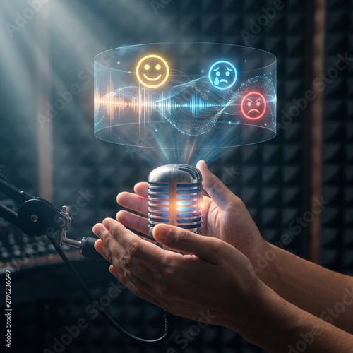 Glowing Microphone with Holographic AI Sentiment Analysis Sound Waves