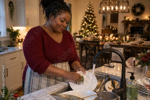 Woman washing dishes after a holiday dinner