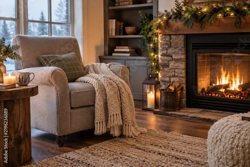 Empty armchair beside a glowing fireplace in winter