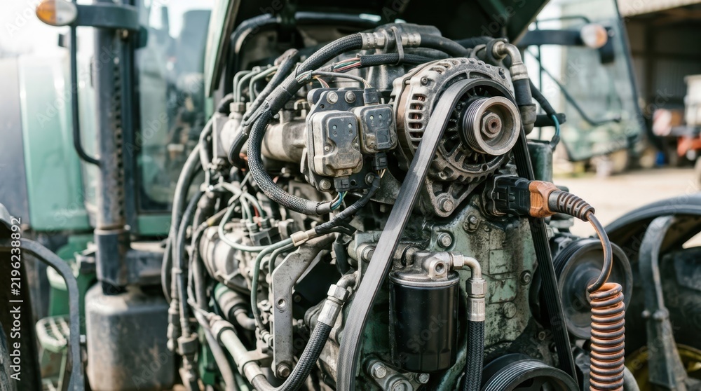 Fototapeta premium Modern tractor engine bay fitted with IoT sensor pods, oil filter, belt drive and diagnostic cable
