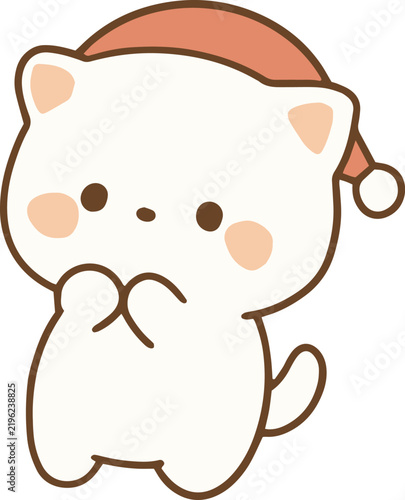 Cute White Cat Wearing Santa Hat, Christmas Clip Art