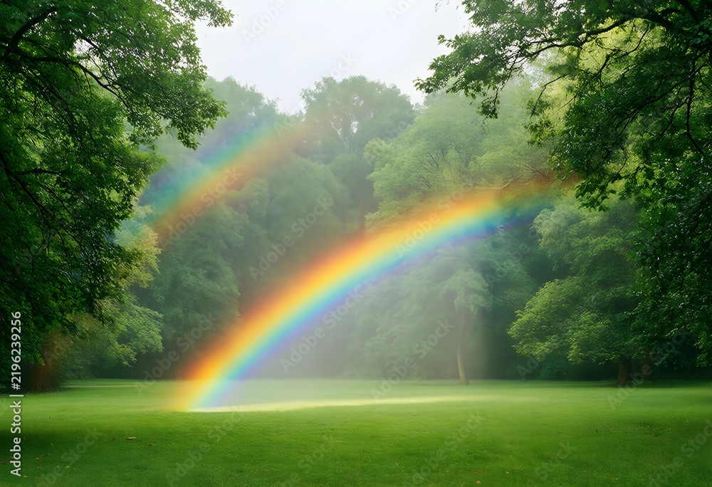 Obraz premium Hope and optimism concept, double rainbow over a lush green forest meadow after rain, nature landscape with atmospheric weather phenomenon and light