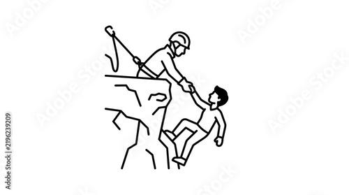 Climber Helping Another Up Cliff Face, Teamwork and Support Concept