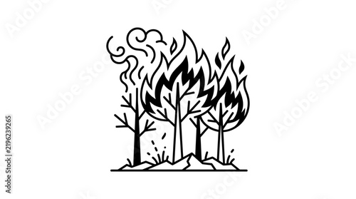 Forest Fire Icon: Trees Burning with Smoke and Flames, Vector Illustration