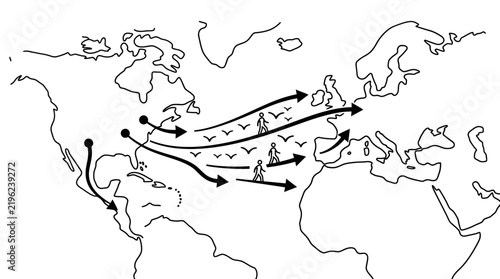 Global Migration Concept: Birds, People, and Arrows on World Map