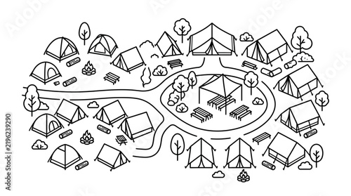 Hand-drawn Camping Scene: Tents, Campfires, Picnic Area, Trees, Outdoor Recreation