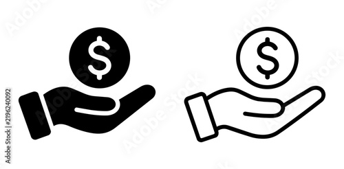 Financial support icon set with hand holding dollar coin in solid and outline styles, representing payment, donation, investment, income, funding, banking, savings, charity, and money assistance