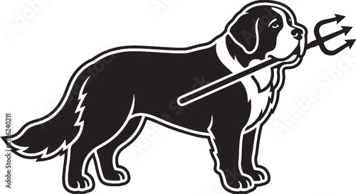 Fotografie Black silhouette saint bernard dog with devil pitchfork vector illustration