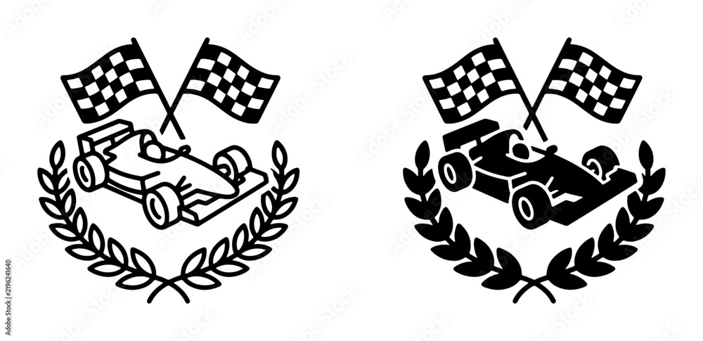 Obraz premium Formula 1 Racing Icons, Checkered Flags and Laurel Wreath Vector Set. Speed Competition Symbols, Motorsport Victory Emblems, Champion Graphics.