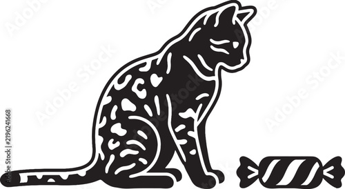 Fotografía Black silhouette bengal cat with christmas candy vector illustration