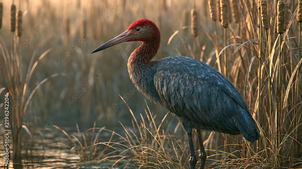 Fototapeta premium A red headed wading bird stands amongst golden cattails in a wetland scene