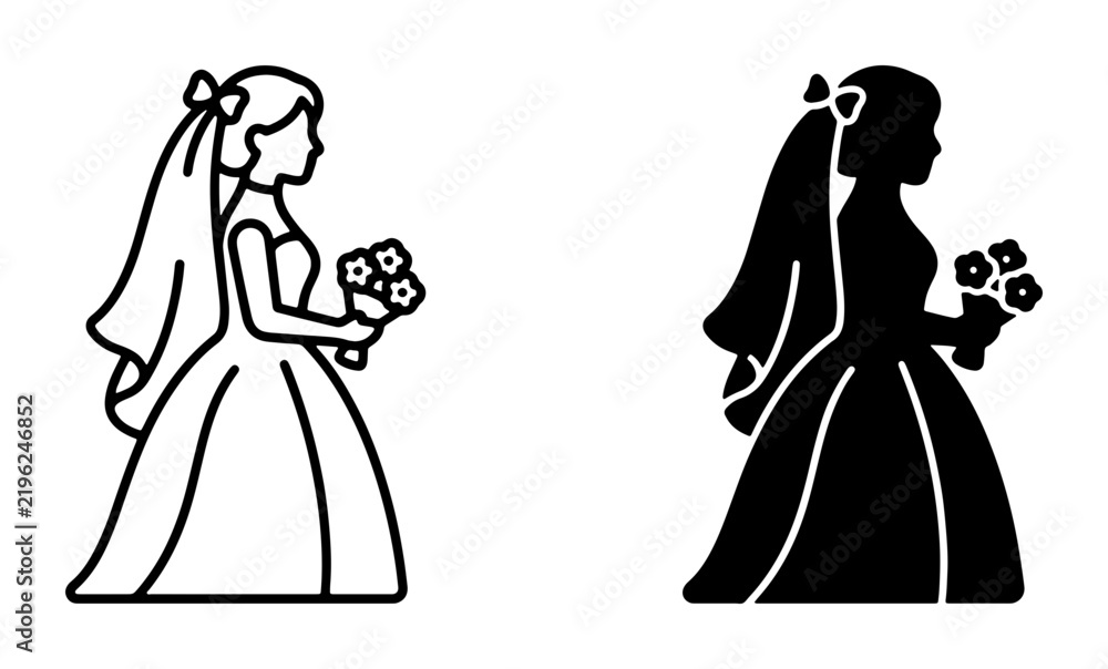 Fototapeta premium Elegant Bride Vector Icons, Wedding Ceremony Silhouette, Bridal Bouquet Illustration, Formal Attire Celebration Graphics