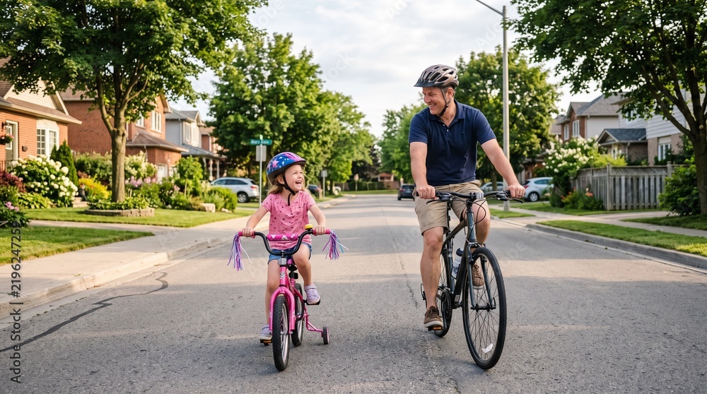 Fototapeta premium Father and daughter cycling together on a suburban street
