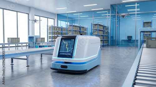 Ai logistics robot in modern warehouse autonomous navigation industrial storage conveyor system blue interior robotic transport smart facility automated workflow