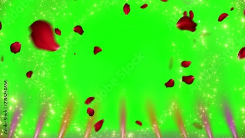 Rose petals falling across a vibrant green screen background featuring glowing light effects and sparkles to create a magical digital overlay effect for romantic video editing projects.