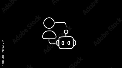Minimalist white line art ai chatbot icon animation connecting with human user, smart artificial intelligence assistant motion graphic on black screen. 4k video