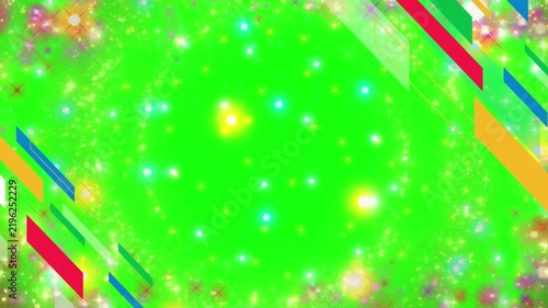Geometric frame composed of colorful diagonal stripes surrounding a central green screen background filled with floating sparkling particles and soft glowing lights for custom video content creation.