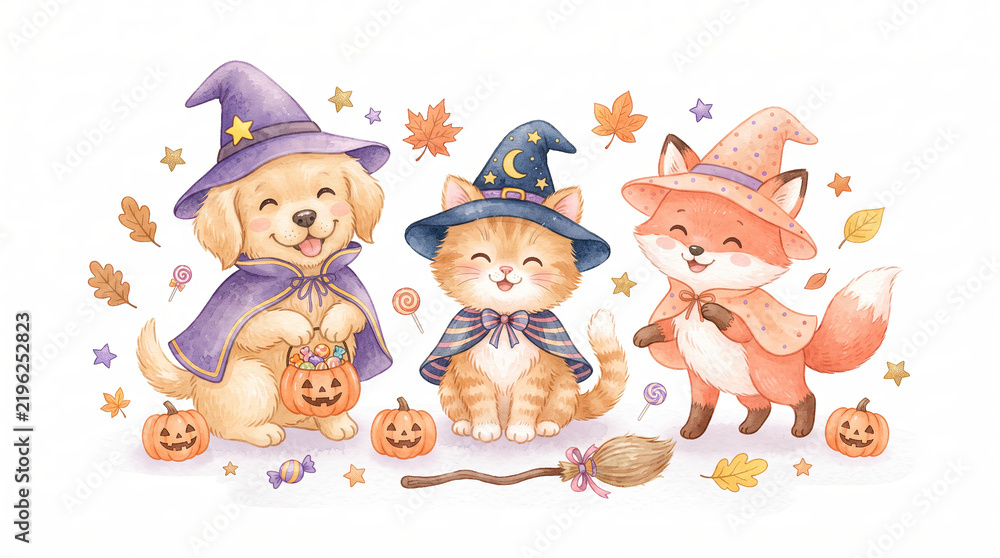 Fototapeta premium Cute animals wearing playful Halloween costumes and witch hats, surrounded by pumpkins, candy, autumn leaves, and festive decorations in a friendly children's holiday illustration.