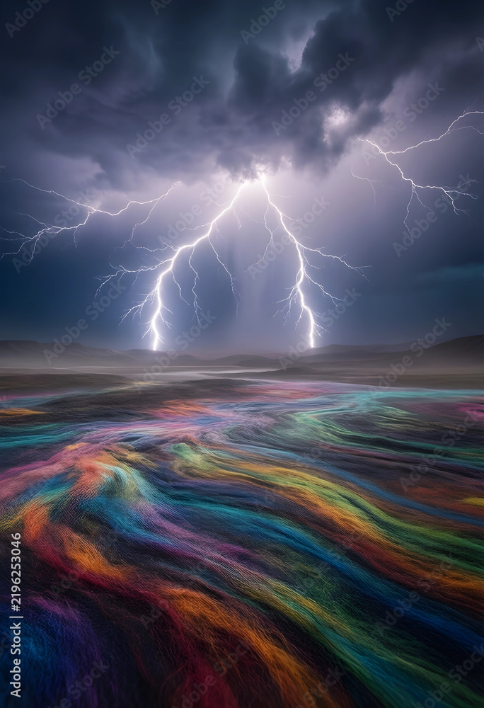 Obraz premium Climate change and extreme weather, lightning strike over a surreal landscape with colorful flowing energy fields and dark stormy clouds in the sky