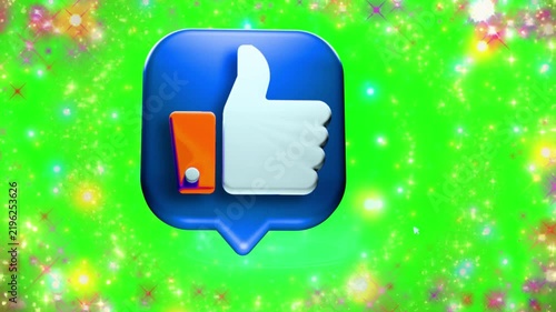 Icon showing a blue thumbs up symbol inside a chat bubble placed over a dynamic green screen background with floating sparkling particles and glowing lights for social media video editing purposes.
