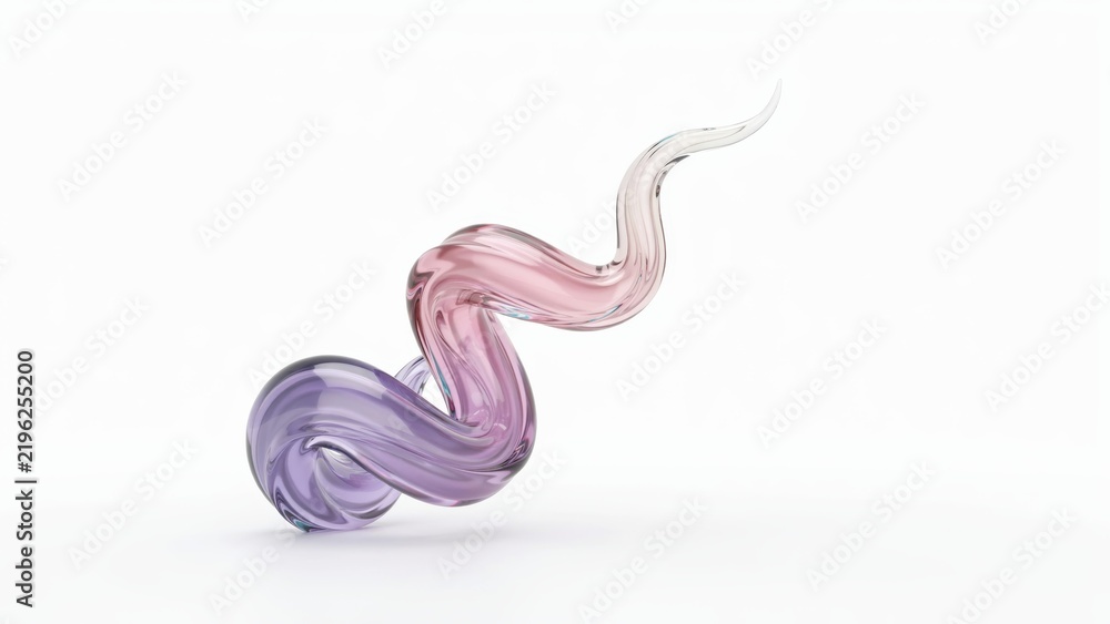 Fototapeta premium Abstract glass swirl with pink and purple gradient, 3D rendered fluid wave sculpture, elegant crystal spiral element for modern design projects