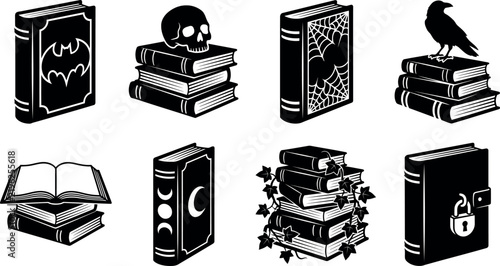 Fotografie A collection of black vector silhouettes depicting haunted books skulls and goth