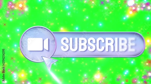 Subscribe button featuring a cursor click animation appears against a bright green background surrounded by sparkling lights, designed for content creators and video channels.