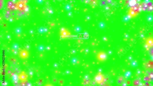 Colorful sparkling lights float across a vivid green background, producing an energetic particle effect suitable for chroma key compositions and dynamic video overlays.
