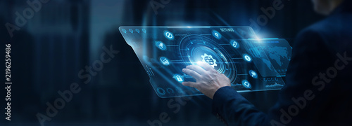 Businessman analyzing Settings and system configuration control data on digital screen. Software preference management, IT environment setup, user permissions, dashboard customization.