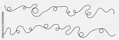 Long wavy thread set. Hand drawn vector swirls and dividers. Curls abstract scribble. Minimal black lines. Simple vintage elements isolated on white background. Vector illustration. Editable stroke . 